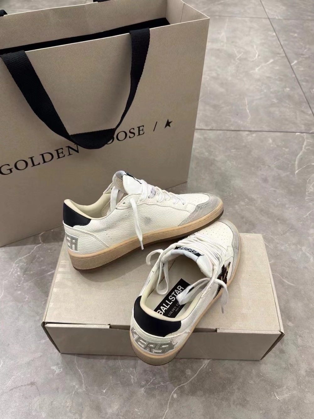 Golden Goose White Leather Low-Top Sneakers with Leopard Star and Black Heel Tab - Picture 7 of 9